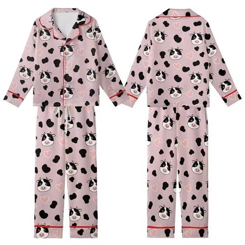 Whimsical Style Lovers' Pale Mauve Pink Cow Spot Happy Cartoon Faces & Pink Heart Pattern Kid Satin Pajamas Set