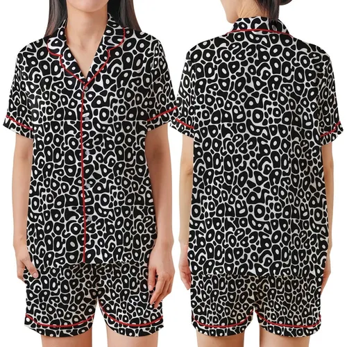 Minimalist Style Enthusiasts' High Contrast Flat Graphic Organic Irregular Black Blotches Pattern Satin Short-Sleeve Pajamas Set