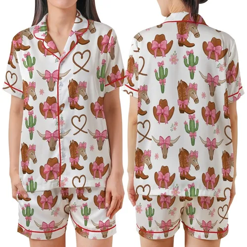 Women's Whimsical Western Pink Bow Cowgirl Hat Longhorn Cactus Pattern Satin Short-Sleeve Pajamas Set