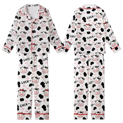 Cow Lovers' Seamless Cute Cartoon Cow Heads & Spots Pattern with Pink Muzzles, Tan Horns, Red Bows, 'LUCK~' Text, Pink Hearts Kid Satin Pajamas Set