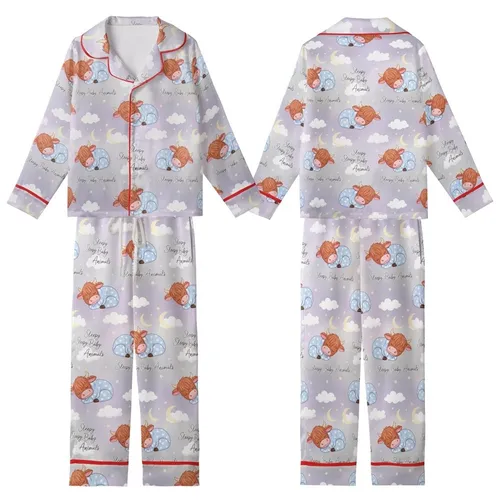 Baby Animal Lovers' Whimsical Sleepy Highland Cow Seamless Pattern in Soft Blue and Muted Gray with Twinkling Stars Kid Satin Pajamas Set