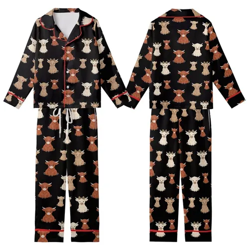 Animal Lovers' Whimsical Fluffy Highland Cow Calves Repeating Pattern with Leopard Print Bows on Black Kid Satin Pajamas Set