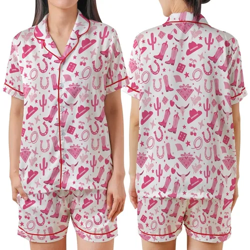 Pink Western Enthusiasts' Playful Pink & Hot Pink Cowgirl Boot Cactus Star Pattern Satin Short-Sleeve Pajamas Set
