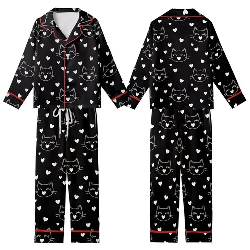 Cat Lovers' High-Contrast Black & White Stylized Minimalist Cat Face & Heart Pattern Kid Satin Pajamas Set