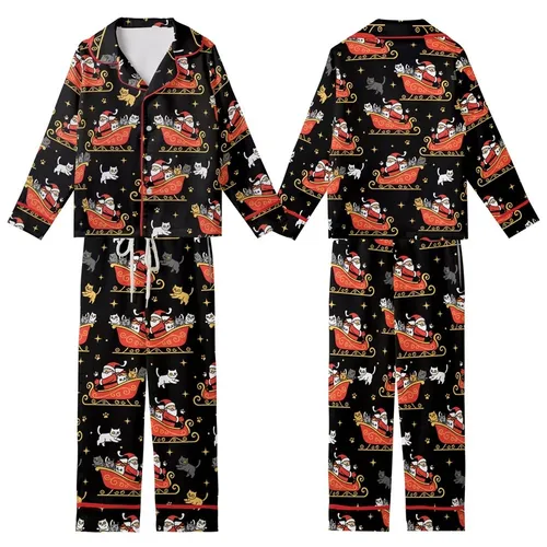 Festive Cat Lovers' Whimsical Santa Sleigh Cute Cartoon Cats White Grey Tan Golden Paw Prints Twinkling Stars Deep Black Pattern Kid Satin Pajamas Set