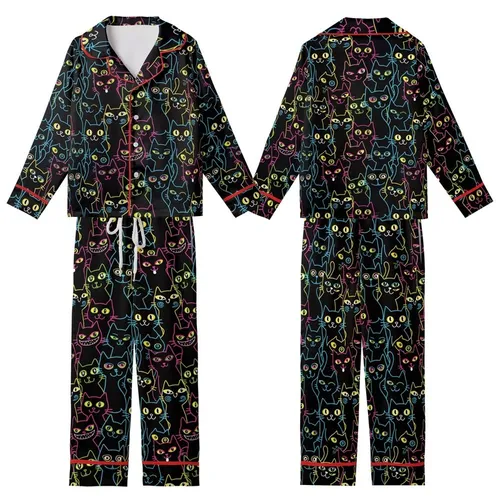 Black Cat Lovers' Neon Pop Whimsical Black Cat Seamless Pattern Electric Blue Pink Yellow Green White Outlines Kid Satin Pajamas Set