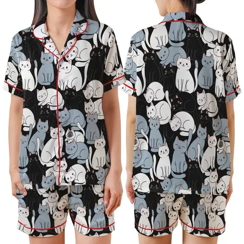 Cat Lovers' Illustrative Whimsical White Blue-Grey Black Tuxedo Cats Seamless All-Over Pattern on Black Satin Short-Sleeve Pajamas Set
