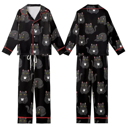Cat Lovers' Cute Cartoon Grumpy Black Cats All-Over Pattern Golden Yellow Eyes White Mugs Kid Satin Pajamas Set