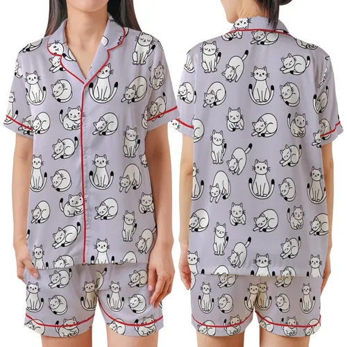 Cat Lovers' Playful White Cartoon Cats Seamless Pattern, Bold Black Outlines, Soft Lavender Background Satin Short-Sleeve Pajamas Set