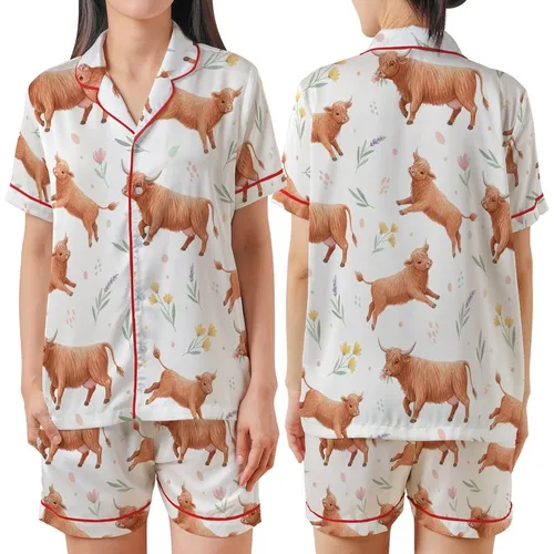 Whimsical Animal Lovers' Fluffy Highland Cow & Calf Watercolor Reddish-Brown & Lavender Wildflower Repeating Pattern Satin Short-Sleeve Pajamas Set
