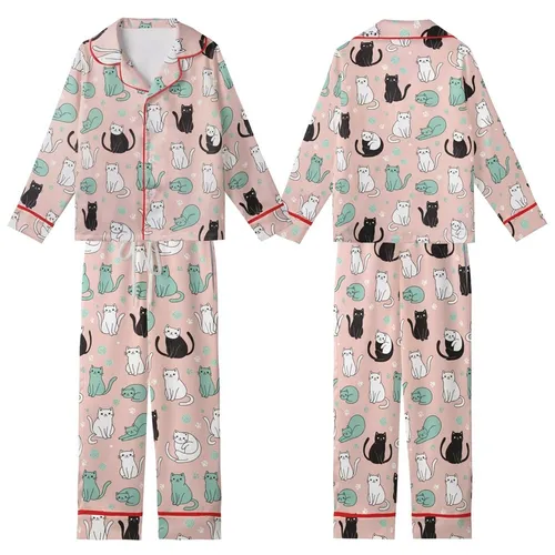 Cat Lovers' Whimsical Blush Pink Pattern with Playful Teal White Black Grey Cartoon Cats, Yarn, Paw Prints Kid Satin Pajamas Set