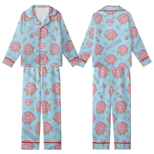 Sweet Treat Lovers' Pastel Sky Blue Kawaii Donut & Pink Heart Seamless Pattern with Happy Faces & Sprinkles Kid Satin Pajamas Set