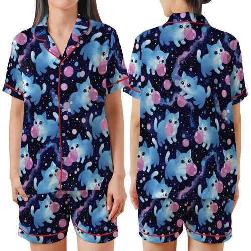Whimsical Cat Lovers' Luminous Electric Blue Kitten Bubblegum Cosmic Dream Art Satin Short-Sleeve Pajamas Set