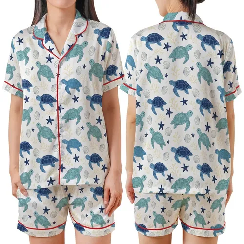 Ocean Lovers' Whimsical Cerulean Teal Navy Blue Sea Turtle Repeating Marine Life Pattern with Starfish Shells Coral Satin Short-Sleeve Pajamas Set