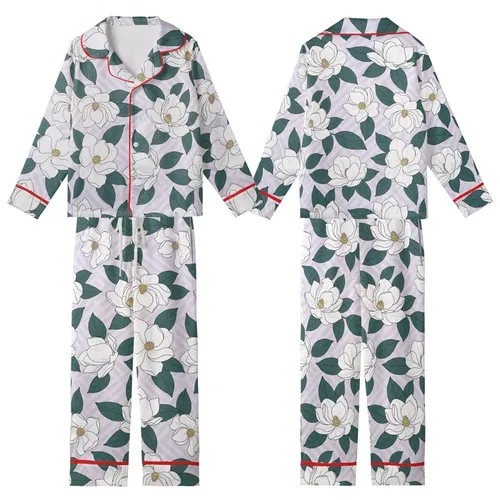 Women's Illustrative White Magnolia Deep Teal Green Leaves Pale Lavender Diagonal Stripe Botanical Pattern Kid Satin Pajamas Set