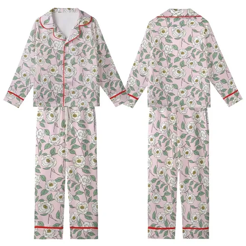 Women's Elegant Hand-Drawn Creamy White Camellia Floral Pastel Pink Diagonal Stripe Sage Green Botanical Kid Satin Pajamas Set