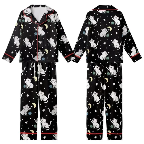 Cat Lovers' Whimsical Illustrative White & Grey Cats Starry Black Pattern, Pale Yellow Moons & Pastel Yarn Kid Satin Pajamas Set
