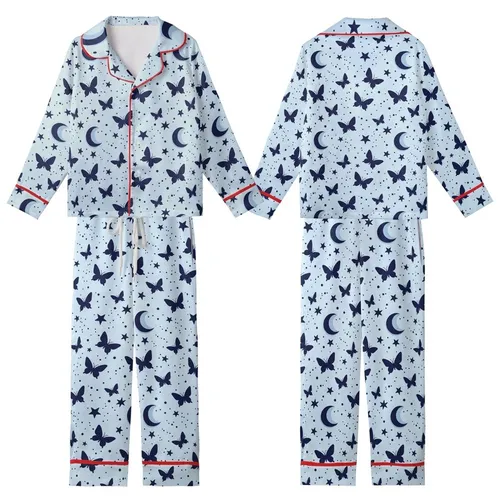 Dreamers' Whimsical Pastel Sky Blue Dark Navy Butterfly Crescent Moon Star Celestial Dust Pattern Kid Satin Pajamas Set