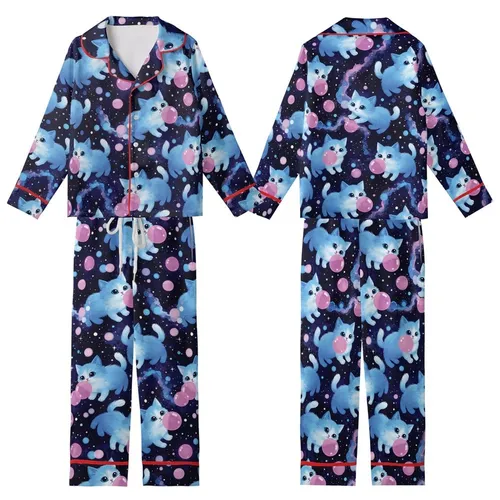 Whimsical Cat Lovers' Luminous Electric Blue Kitten Bubblegum Cosmic Dream Art Kid Satin Pajamas Set