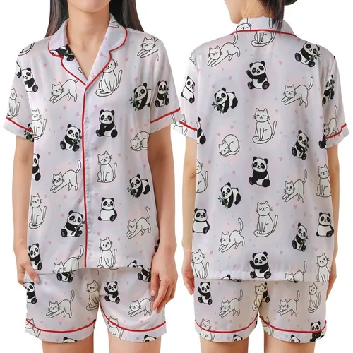 Whimsical Animal Lovers' Pastel Lavender Pink Scattered Cartoon Cats Pandas with Tiny Hearts Paw Prints Satin Short-Sleeve Pajamas Set