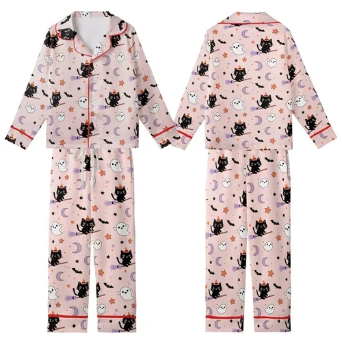 Cute Halloween Lovers' Pastel Pink Whimsical Black Cat Ghost Bat Lavender Orange Star Pattern Kid Satin Pajamas Set