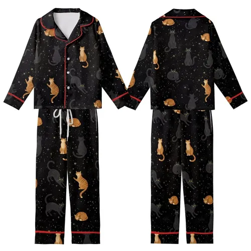 Cat Lovers' Seamless Cosmic Cat Pattern with Stargazing Black & Ginger Felines, Muted Gold Stars on Deep Black Kid Satin Pajamas Set