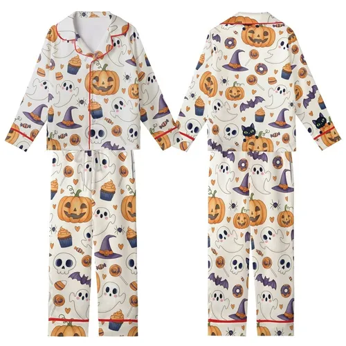 Halloween Celebration Fans' Whimsical Watercolor Cream Orange Purple Jack-o'-Lantern Skulls Ghost Bat Candy Cat Print Kid Satin Pajamas Set