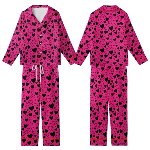 Expressive Individuals' Vibrant Magenta-Pink Dense Black Hearts Playful Graphic Pattern Kid Satin Pajamas Set