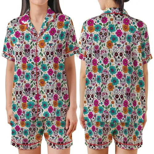 Women's Vibrant Sugar Skull Floral Pattern White Background Fuchsia Teal Orange Satin Short-Sleeve Pajamas Set