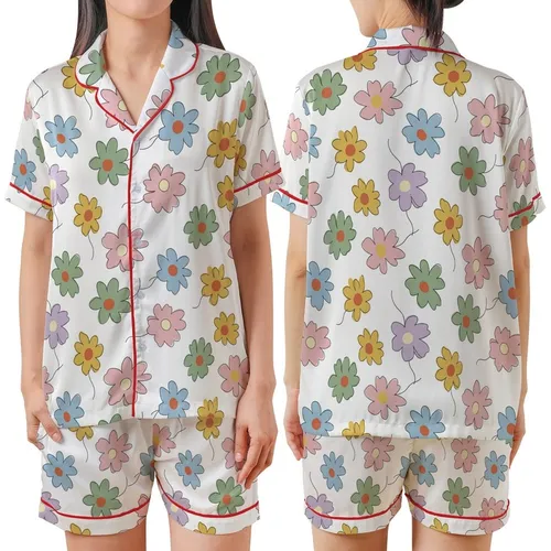 Women's Whimsical Hand-Drawn Scattered Stylized Floral Pastel Pink Sage Blue Satin Short-Sleeve Pajamas Set