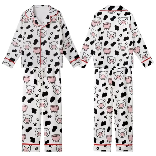 Cow Lovers' Whimsical Cartoon Cow Pattern: Black Spots, Pink Snouts, Udders, Hoof Prints, White Background Kid Satin Pajamas Set