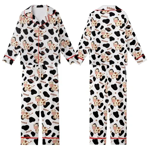 Whimsical Style Lovers' Black White Cow Spot Pattern with Cute Flat Cartoon Cows and Playful Brown "Moo" Text Kid Satin Pajamas Set