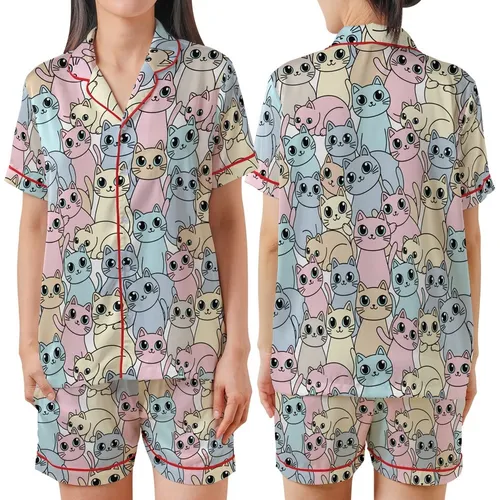 Cat Lovers' Kawaii Cartoon Cat Playful Seamless Pattern Pastel Pink Blue Grey Aqua Eyes Satin Short-Sleeve Pajamas Set
