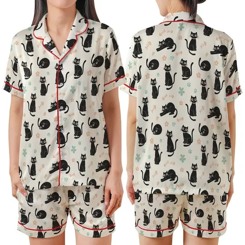 Cat Lover Black Cats Posing Light Peach Bows Teal Collars Fish Bones Paw Prints Cream Pattern Satin Short-Sleeve Pajamas Set