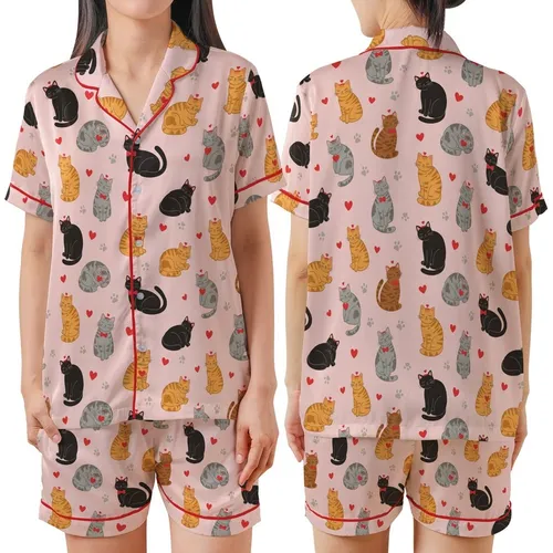 Cat Lovers' Charming Light Pink Feline Pattern Diverse Cats Red Hearts & Taupe Paw Prints Satin Short-Sleeve Pajamas Set
