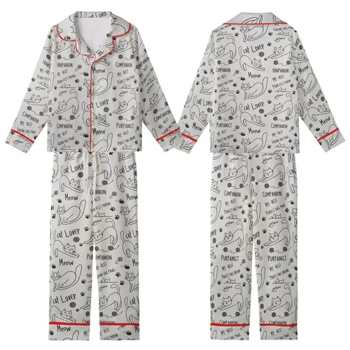 Cat Lovers' Whimsical Black & Grey Hand-Drawn Cartoon Cat Pattern with Playful Felines, Yarn, & Phrases Kid Satin Pajamas Set