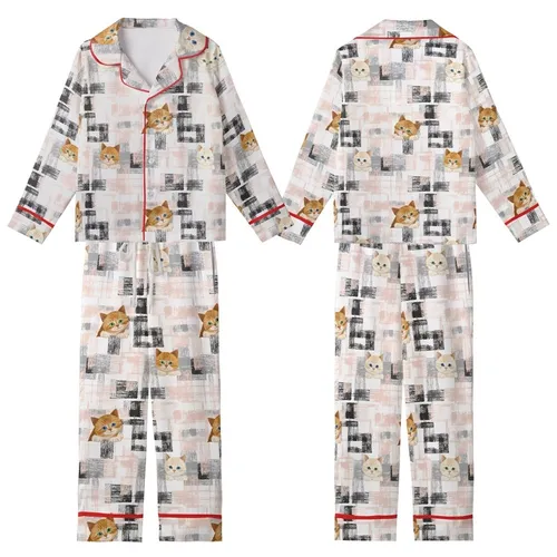 Kitten Lovers' Adorable Cream Tan Kittens Blue Green Eyes White Black Pink Grey Deconstructed Plaid Pattern Kid Satin Pajamas Set