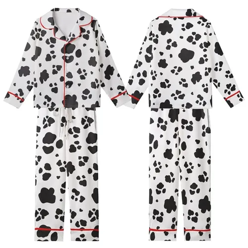 Contemporary Fashion Lovers' Playful Black White Irregular Organic Spot Design Kid Satin Pajamas Set