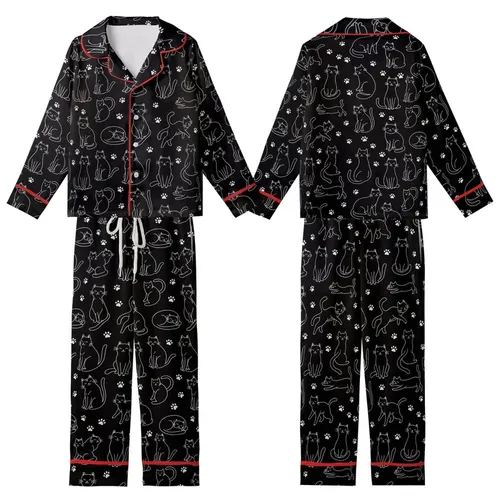 Cat Lovers' Minimalist White Outline Playful Cats Paw Prints Black Pattern Kid Satin Pajamas Set