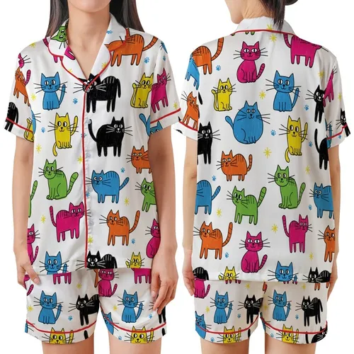 Cat Lovers' Whimsical Hand-Drawn Doodle Abstract Cats Pattern with Vibrant Multi-Color Crayon Style Satin Short-Sleeve Pajamas Set