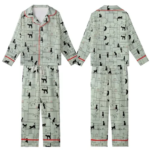 Cat Lovers' Whimsical Urban Cats Minimalist Sage Green Line Art Black Silhouette Pattern Kid Satin Pajamas Set