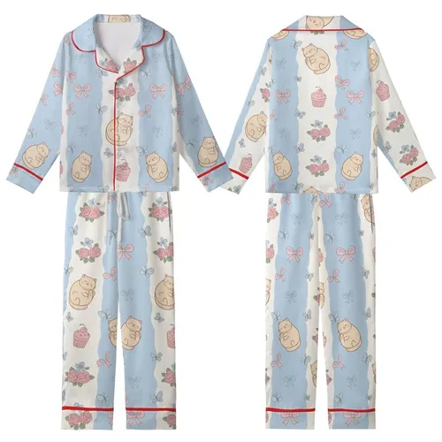 Pastel Dreamers' Whimsical Hand-Drawn Sleeping Cats Pink Bows Blue Flowers Cupcakes Soft Pastel Blue Off-White Knit Bands Kid Satin Pajamas Set