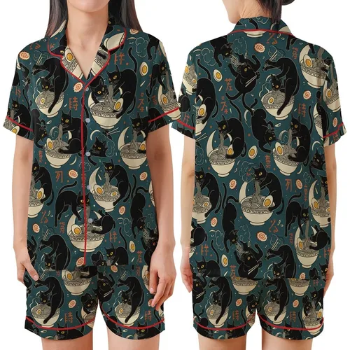 Cat Lovers' Vintage Ukiyo-e Black Cat Ramen Feast Pattern, Teal Orange-Red Yellow Accents Satin Short-Sleeve Pajamas Set