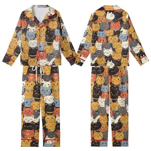 Cat Lovers' Dense Playful Seamless Cat Faces Pattern Ginger Ochre Cream Charcoal Pastel Kid Satin Pajamas Set