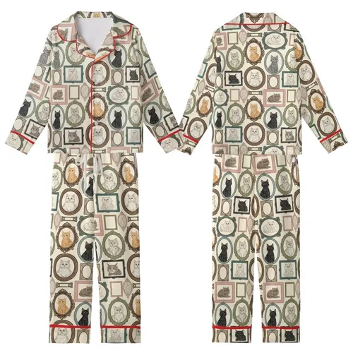Cat Lovers' Muted Eclectic Antique Framed Cat Portraits Collage Cream Pattern Kid Satin Pajamas Set