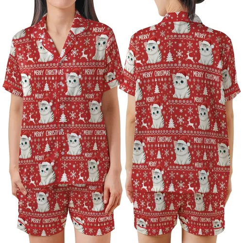 Holiday Cat Lovers' Cheerful Red Fair Isle Kitten Santa Hat Snowflake Reindeer Pattern Satin Short-Sleeve Pajamas Set