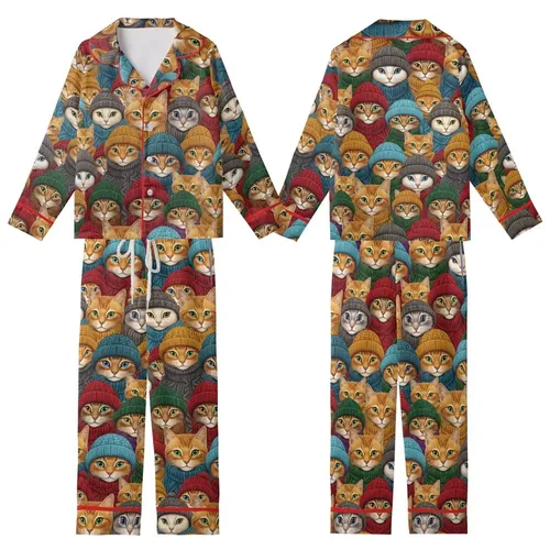 Cat Lovers' Intricate Realistic Cat Portraits with Emerald, Blue, Amber Eyes in Vibrant Knitted Wear Pattern Kid Satin Pajamas Set