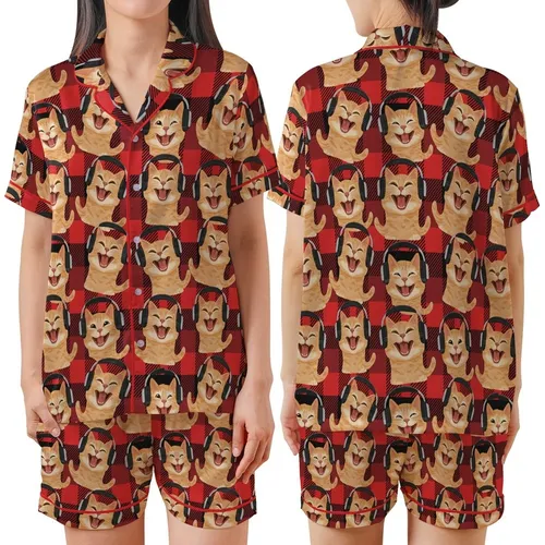 Cat Lovers & Music Fans Excited Photorealistic Ginger Cats Laughing Singing Headphones Red Black Buffalo Plaid Repeat Satin Short-Sleeve Pajamas Set