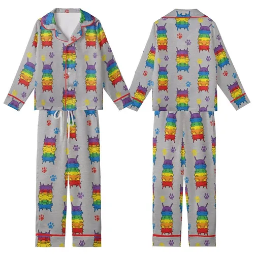 Cat Lovers' Whimsical Rainbow Stacked Cartoon Cats Distressed Paw Print Art Kid Satin Pajamas Set