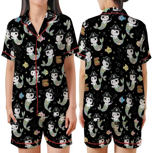 Cat Lover's Cute Pirate Mermaid Cats Pastel Rainbow Nautical Treasure Pattern Black Background Satin Short-Sleeve Pajamas Set
